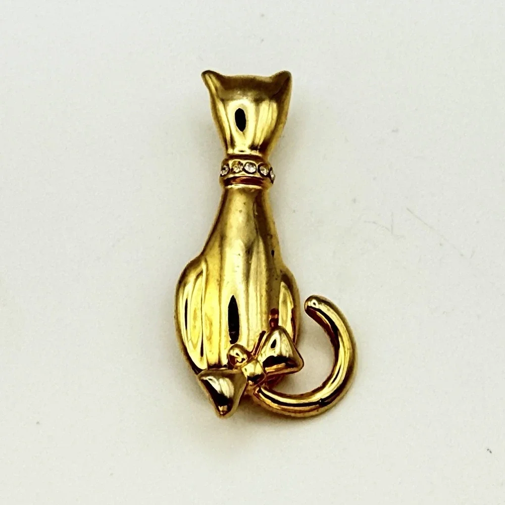 Vintage AAI Articulated Cat Brooch Gold Tone Moving Tail Rhinestones Figural Pin